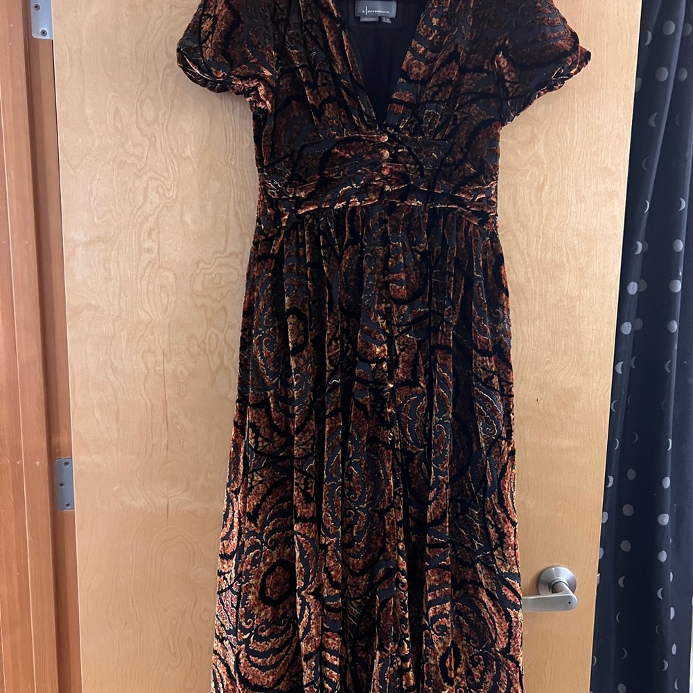 Anthropologie Katarina Velvet Maxi Dress in Burnt Orange & Black SZ 6P